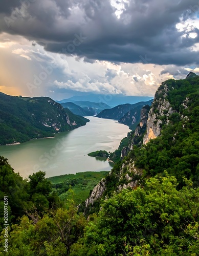 Serene mountain lake landscape with trees.