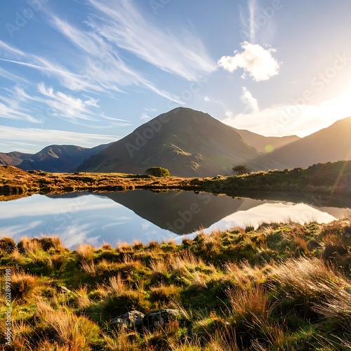 Serene mountain lake reflection landscape.