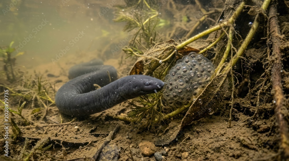 Obraz premium A black eel swimming in a muddy water body with aquatic plants and branches.