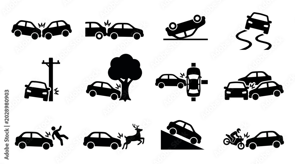 Fototapeta premium Black silhouette icons showing various car accident scenarios like collisions, rollovers and crashes with obstacles or pedestrians, representing road safety education or insurance claims