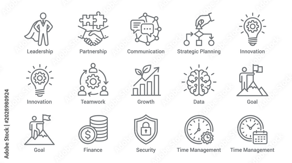 Fototapeta premium Business management thin line icons set featuring leadership, teamwork, growth, data and security, illustrating professional corporate strategy and providing visual resources for marketing