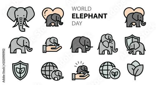 Photography World Elephant Day Icons Set - Cute Cartoon Elephants, Protection, Earth