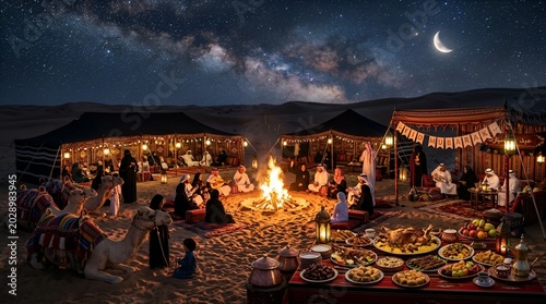 Desert camp with people around a campfire tents camels under a starry night sky campfire gathering cultural lifestyle traditional illuminated lanterns hospitality storytelling communal