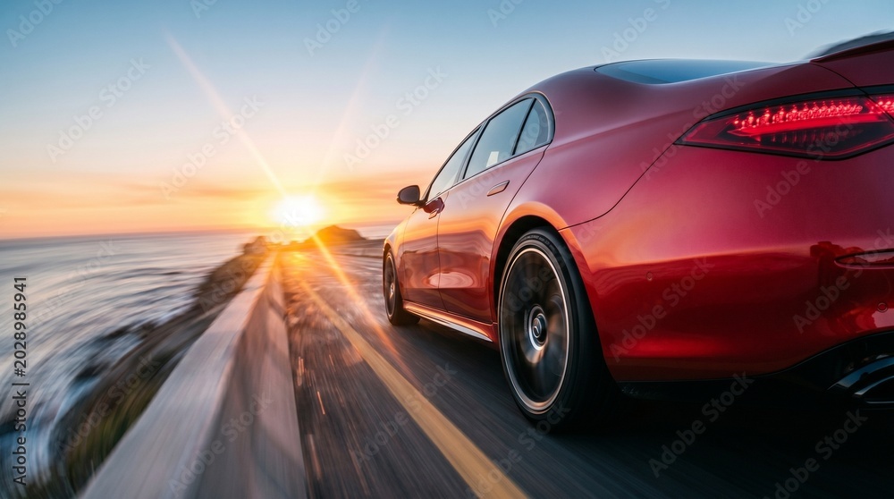 Fototapeta premium A red sedan speeds along a coastal highway at sunset, with the ocean on the left.