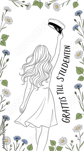 Grattis till studenten Swedish text, elegant line art illustration of female graduate with studentmössa, swedish graduation cap