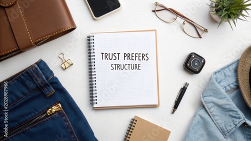 Flat lay of a workspace with notes, personal accessories, and clothing depicting a message about trust and structure for motivational content