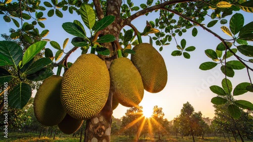 Ripe Jackfruits Hanging on Tree in Sunlit Orchard at Sunrise. Suitable for Tropical Farming Documentary Footage, Tropical Country Travel Video Openers, Organic Food Brand Promotional Clips