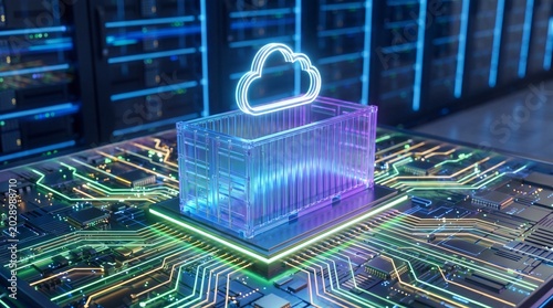 Glowing cloud computing and virtualization microservice container concept against a server room background