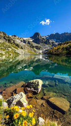 Serene mountain lake with clear water.