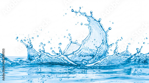Tableau sur toile Multiple energetic blue water splashes forming abstract waves and ripples with countless droplets against a white