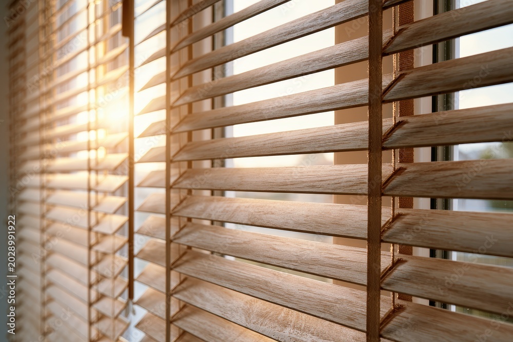 © Maraku - Wooden window blinds filtering warm sunlight in a cozy interior setting with golden hour glow for home decor and interior design marketing