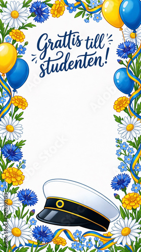 Grattis till studenten Swedish greeting banner with studentmössa, swedish graduation cap, vertical graduation design on white background with copy space