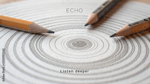 Minimalist black and white artistic illustration with pencils creating concentric circles on paper with the word 'ECHO' in the center and 'Listen deeper' tagline