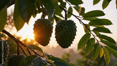 Sunlit Tropical Fruit on Tree Branch at Sunrise. Suitable for Tropical Farming Documentary Footage, Tropical Country Travel Video Openers, Organic Food Brand Promotional Clips