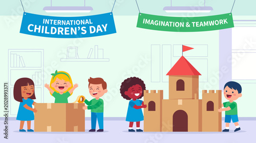 Diverse Kids Building Cardboard Castle for International Childrens Day