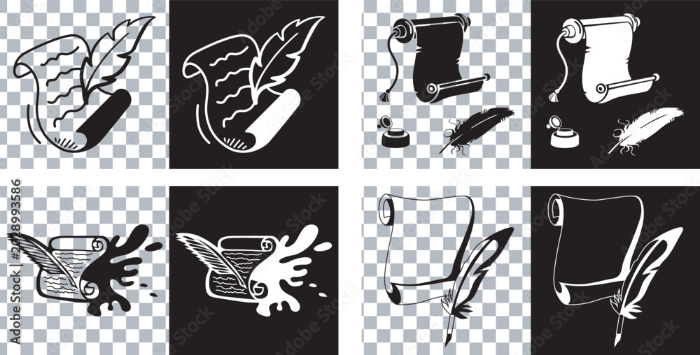 Obraz premium Vintage scroll and bird illustration set Vector, illustration