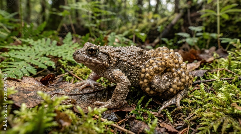 Obraz premium A toad sitting on a forest floor with green ferns and moss.