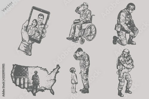 Tableau sur toile Vintage Child Saluting Soldier Father Vector Illustration in Retro Engraved Styl
