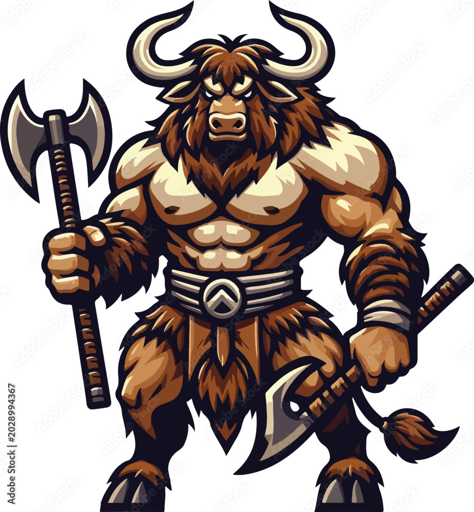 Obraz premium Aggressive Bull Monster Barbarian Mascot Flat Vector Character Design