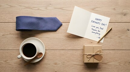 Simple Father's Day desk setup with coffee and greeting card