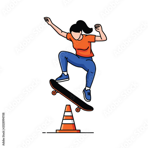 Young skateboarder performing a trick over a cone.