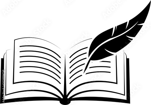 Open book with quill pen resting on it isolated on transparent background