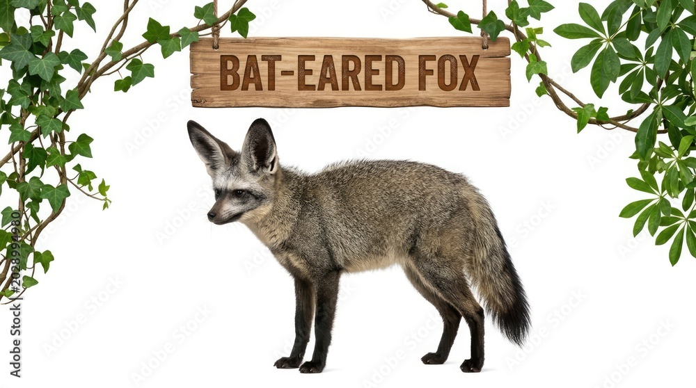 Fototapeta premium Alert Bat Eared Fox Standing Beneath Wooden Sign on White Background