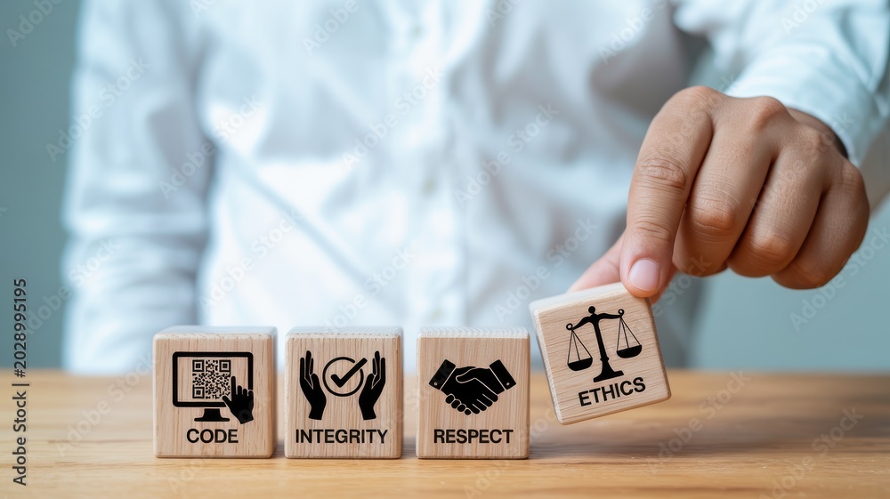 Fototapeta premium Person arranging wooden cube with business ethics icon on a table