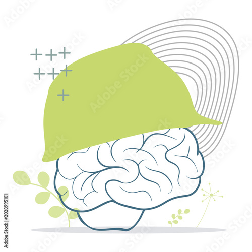 Psychotherapy concept. Problem solving, chaos and mess, difficult situation. Psychological help and mental health. Brain covered by safety helmet. Work safety and insurance.