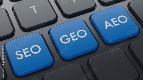 Computer keyboard with blue SEO, GEO, AEO keys for digital marketing and search engine optimization concepts.