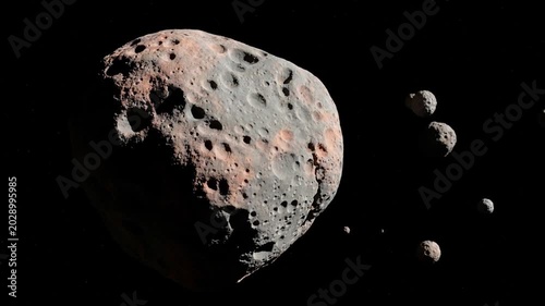 Asteroid with Moonlets Orbiting in Deep Space Animation