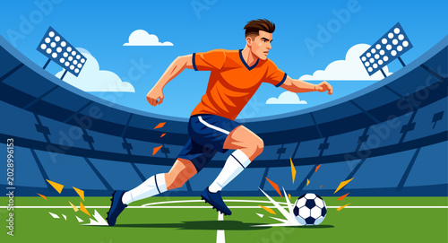 Schilderij op canvas Dynamic football illustration featuring a soccer player dribbling on stadium field during FIFA World Cup 2026