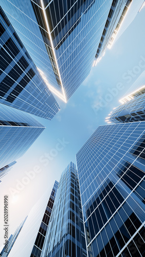 3D rendering of skyscrapers viewed from low-angle perspective against blue sky. Symbolizing ambition, corporate success and metropolitan growth. Ideal for real estate marketing, business backgrounds.
