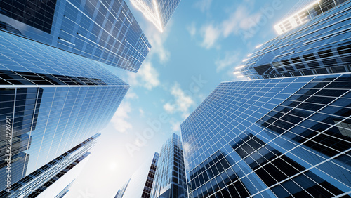 3D rendering of towering skyscrapers viewed from below against bright blue sky. Symbolize innovation, corporate success and economic progress. Ideal for backgrounds and property marketing.