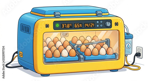 Foto Modern automatic egg incubator machine with digital display full of eggs cartoon