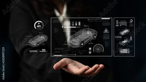 Fotografie Technical layout of electric vehicle showing battery system, power control, trac