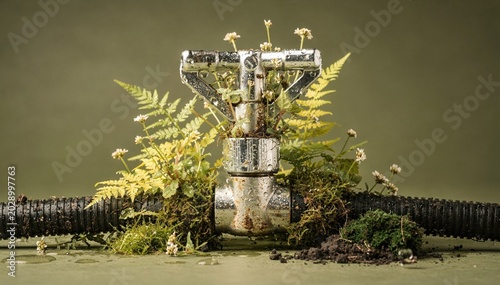 Chrome sprinkler head and irrigation hose reclaimed by green moss and ferns with copy space for sustainable city campaigns