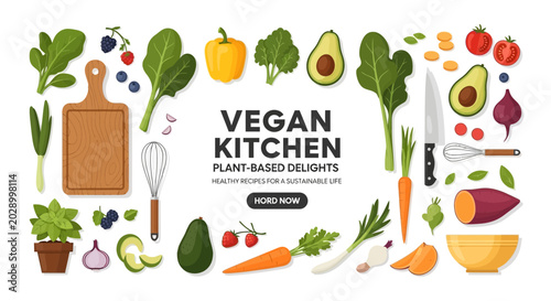 Tableau sur toile Vegan Kitchen Plant-Based Cooking Ingredients and Utensils Illustration