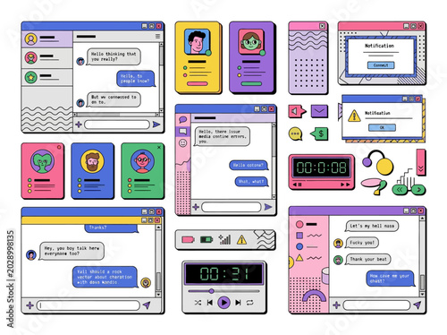 Retro communication UI kit features colorful illustrations of digital screens and gadgets with chat windows and notifications on a clean background.