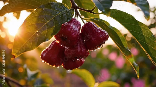 Dew-Kissed Red Fruits Hanging on Tree at Sunrise. Suitable for Tropical Farming Documentary Footage, Tropical Country Travel Video Openers, Organic Food Brand Promotional Clips