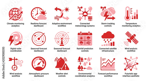 Bild auf Leinwand Collection of weather and climate icons representing various meteorological concepts and data analysis tools
