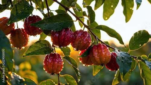 Dew-Kissed Cherry Fruits on Branch in Sunlight. Suitable for Tropical Farming Documentary Footage, Tropical Country Travel Video Openers, Organic Food Brand Promotional Clips