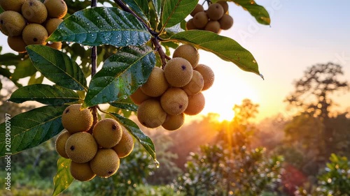 Ripe Fruit Cluster on Tree at Sunrise in Lush Landscape. Suitable for Tropical Farming Documentary Footage, Tropical Country Travel Video Openers, Organic Food Brand Promotional Clips