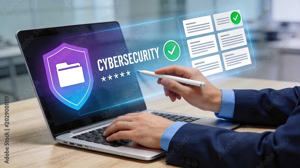 Fototapeta premium Cybersecurity concept with shield and password protection on laptop screen, user verifying login credentials with stylus, ensuring data privacy and secure access to digital