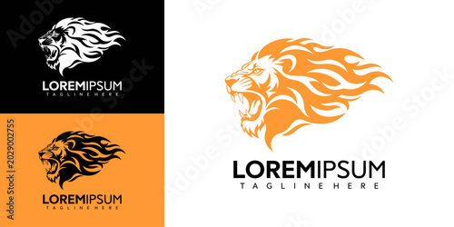 Tableau sur toile A close-up illustration of a fierce lion's head showcasing a logo design on a white background with black and orange variations