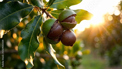 Macadamia Nuts on Tree Branch with Sunlight in Background