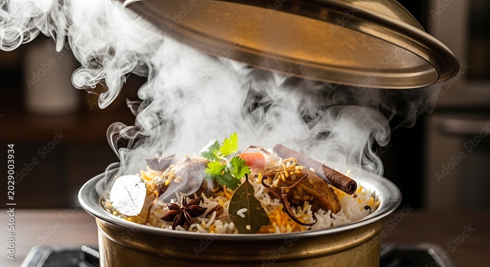 Fototapeta Steaming hot biryani in a traditional copper pot with aromatic spices and fresh green herbs