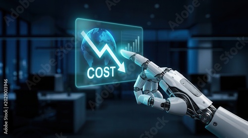 Advanced technology in modern business featuring a robotic arm analyzing cost reduction and financial data.