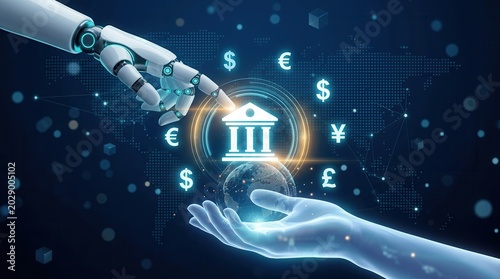 Robotic hand interacting with a virtual bank icon and global currency symbols in a digital environment.