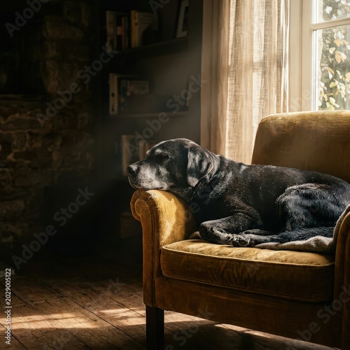 Peaceful Black Dog Sleeping on Vintage Yellow Armchair in Cozy Rustic Home